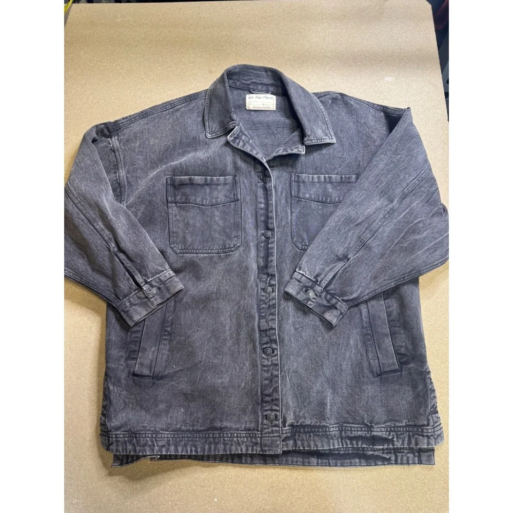 Free People We The Free Denim Shirt Jacket Washed Black Grey Oversized Shacket L - Picture 2 of 10